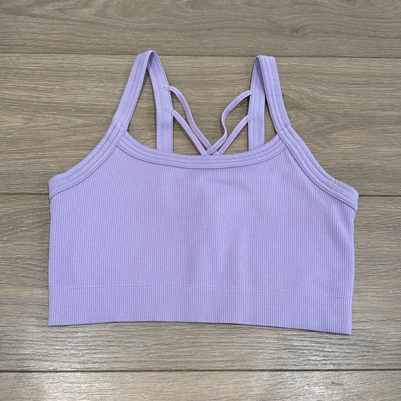 YOGALICIOUS Purple Rib Seamless Claire Bra Tank Criss Cross Stretchy Top‎ Size M - Picture 1 of 8